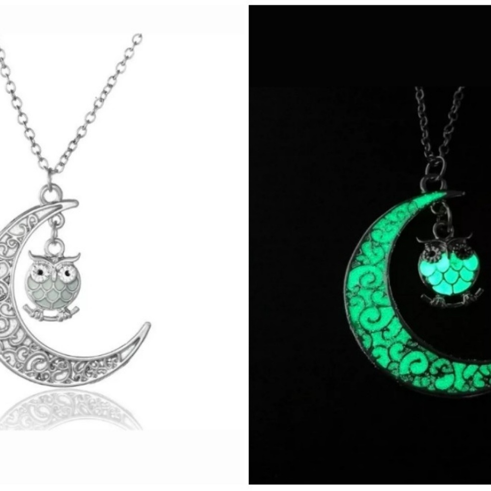 Luminescent owl/moon necklace